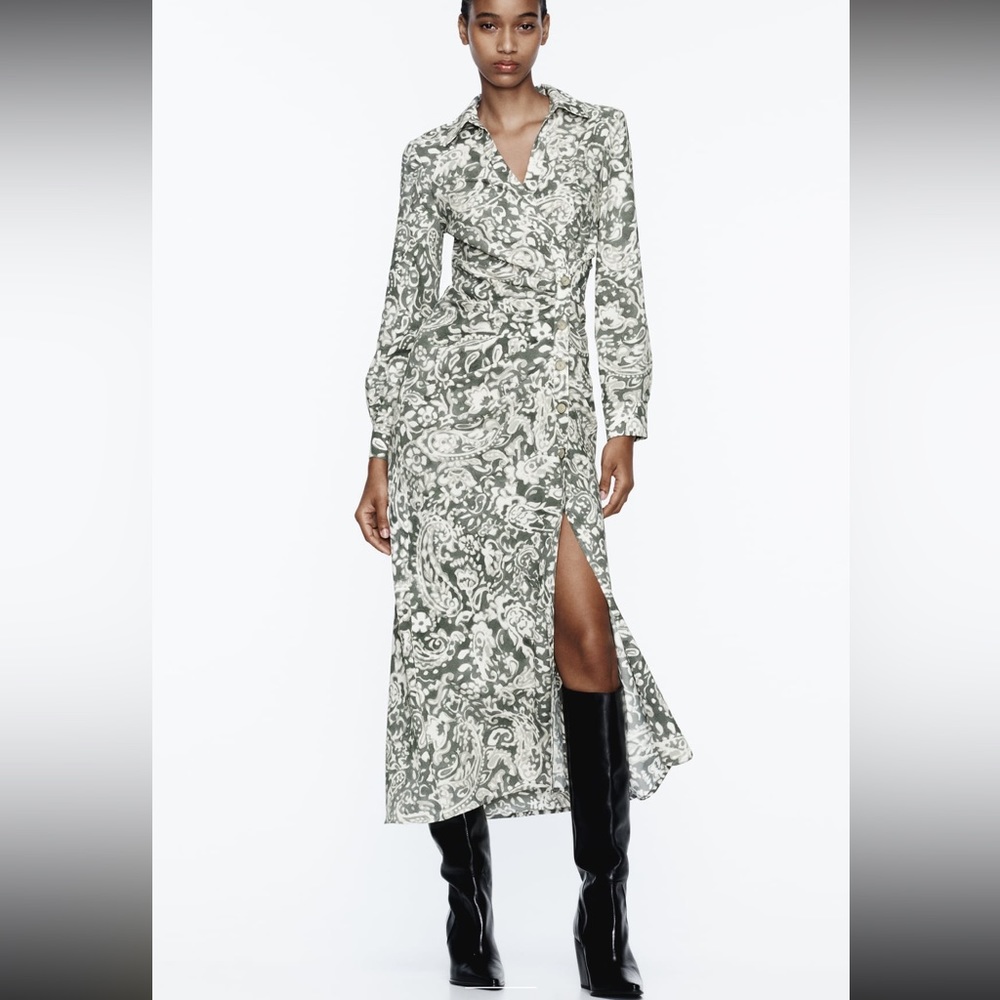 ZARA RUCHED PRINTED MIDI DRESS